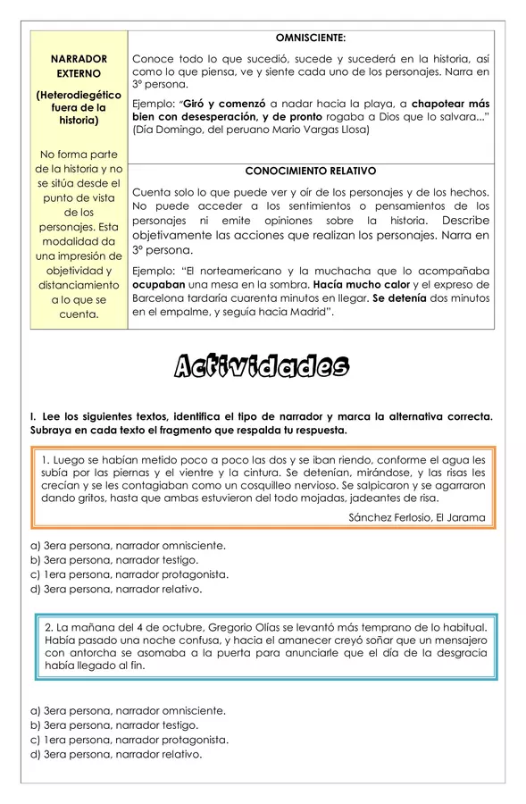 Guía de trabajo - Tipos de narradores - 7° básico (Lengua y literatura)