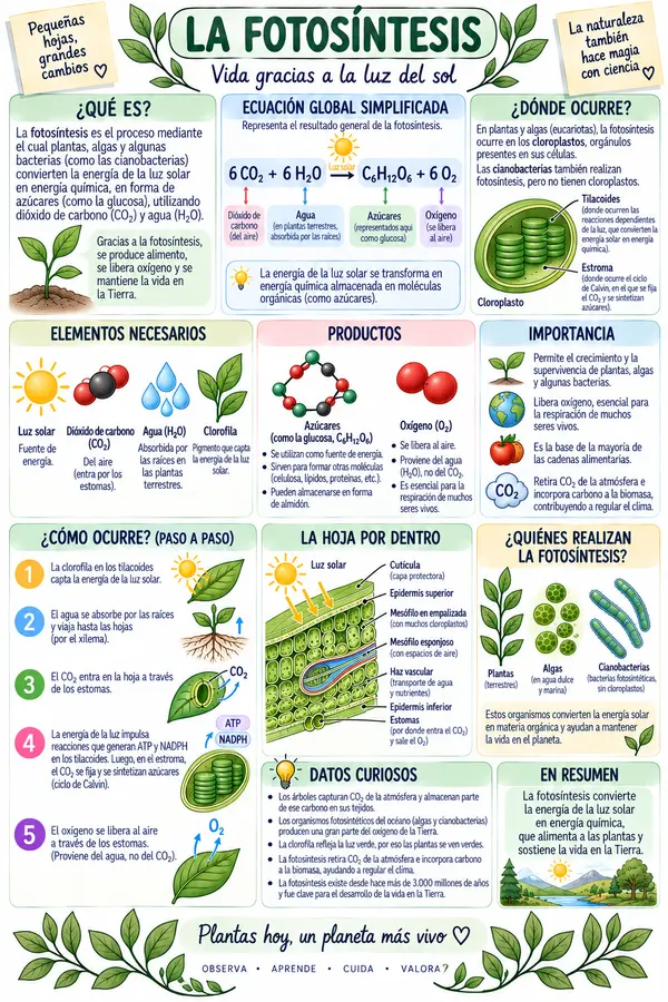 La fotosíntesis – Póster educativo de Ciencias y Biología | Proceso, ecuación y partes