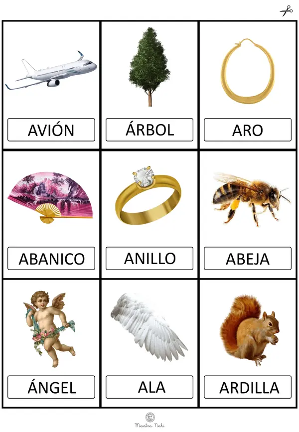 Tarjetas de elementos con inicial A-Z. Imprenta-mayúscula.