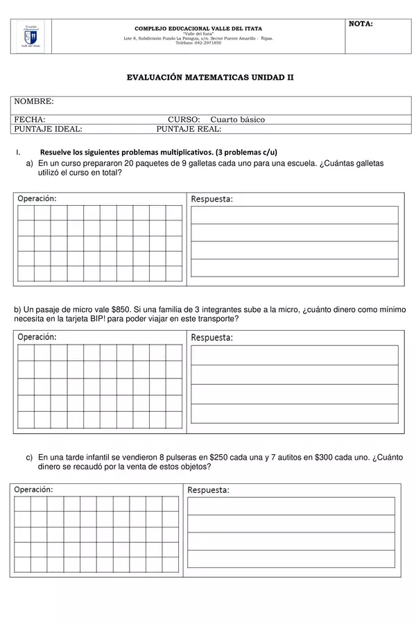 Evaluación multiplicación 4 °