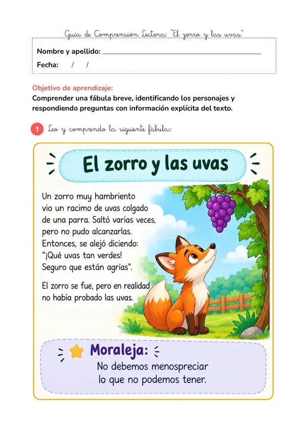 Guía de Comprensión Lectora: Fábula "El zorro y las uvas"