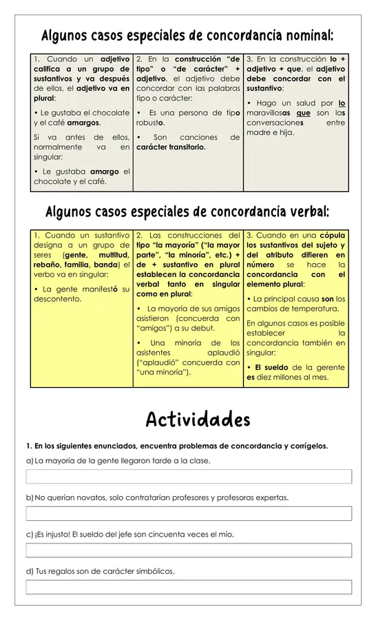 Guía de trabajo - Concordancia gramatical - 8° 