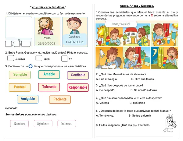 Guías de historia 1° año "Yo y mis características" "Antes, ahora y después"