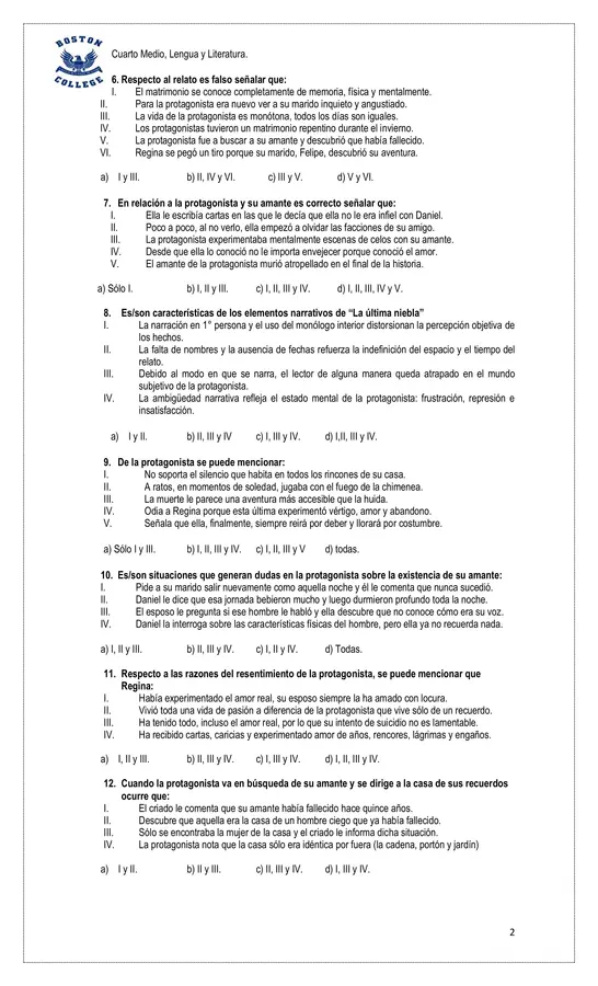 prueba "La última niebla" María Luisa Bombal. 4°Medio. 