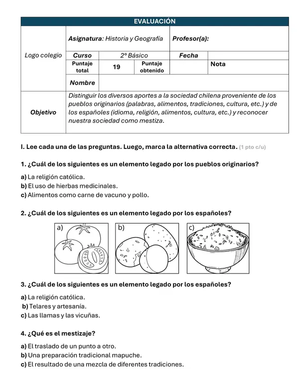 Evaluación "Aportes de pueblos originarios y españoles"