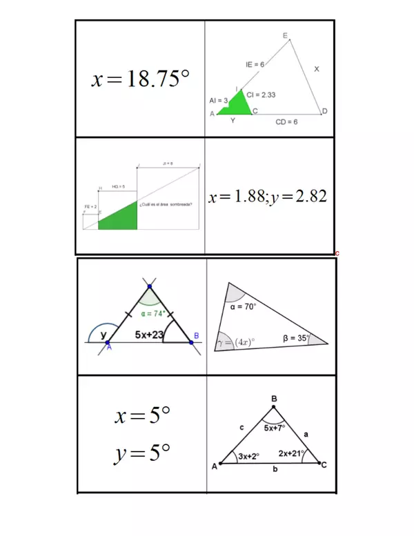 Dominó del teorema de Thales y propiedades de los ángulos de un triángulo