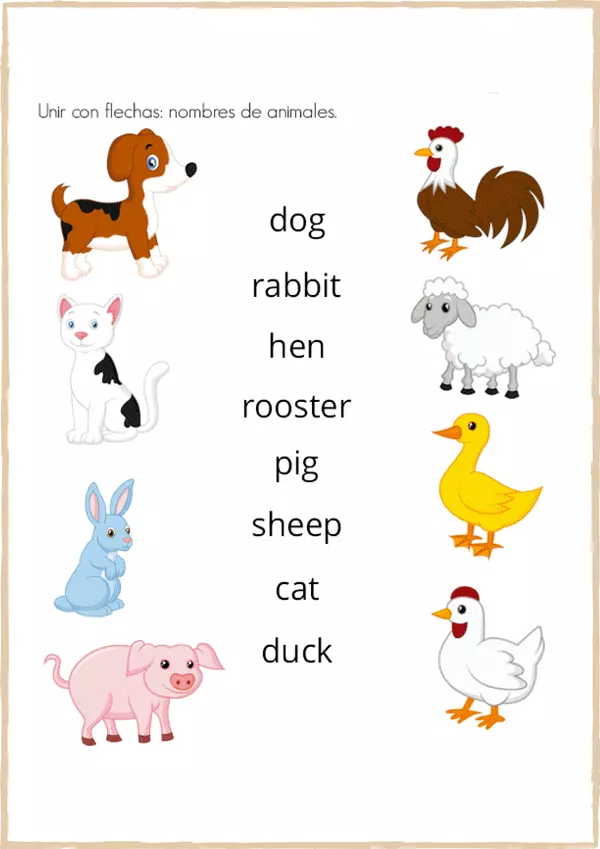 Ejercicios para aprender los nombres de los animales en inglés.