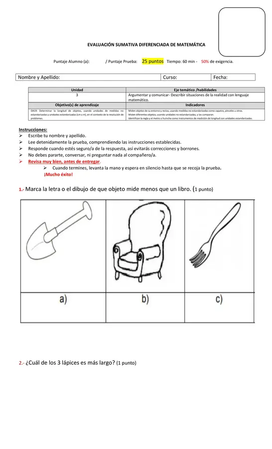Evaluación sumativa de matemática 