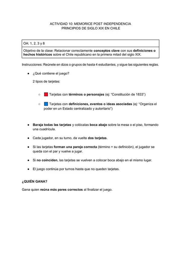 Memorice inicios de la república en Chile