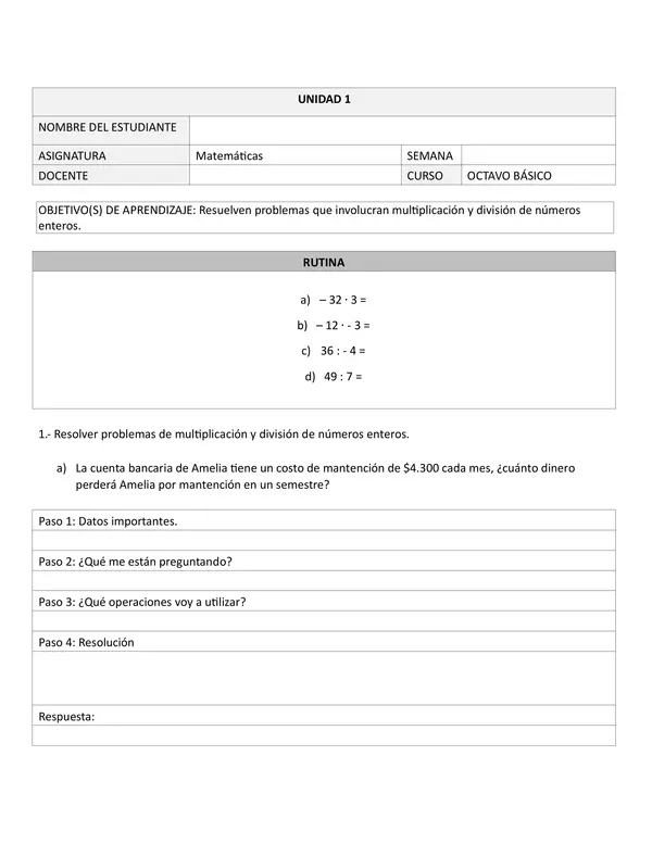 Números enteros: Problemas de multiplicación y división