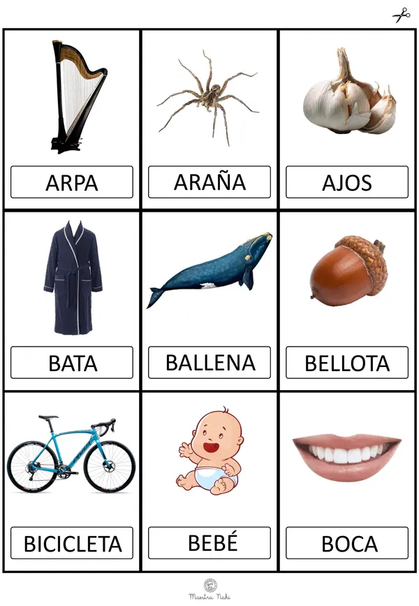 Tarjetas de elementos con inicial A-Z. Imprenta-mayúscula.