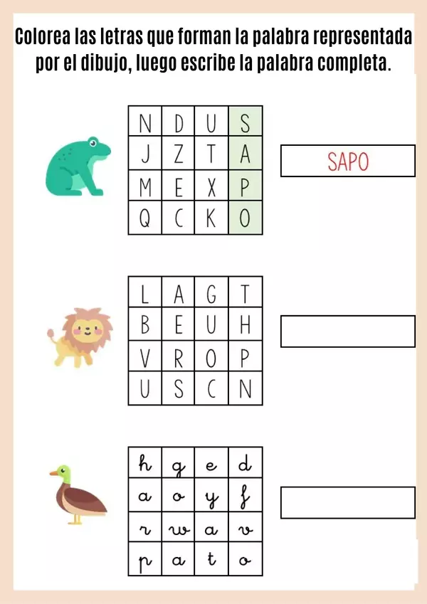 Mini sopas de letras con vocabulario de animales.