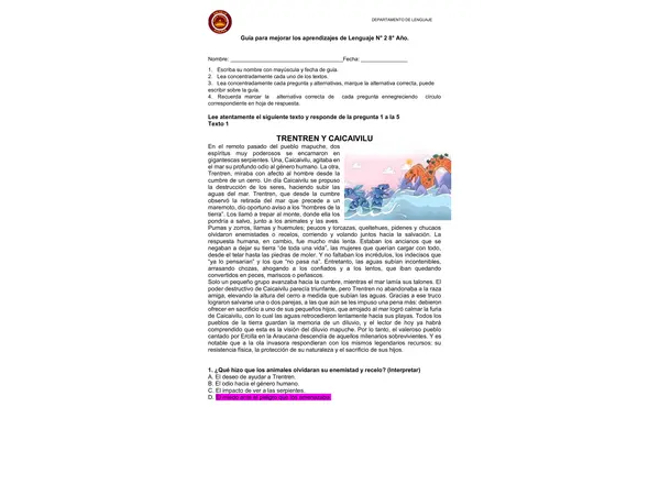 Guía de comprensión de lectura octavo básico