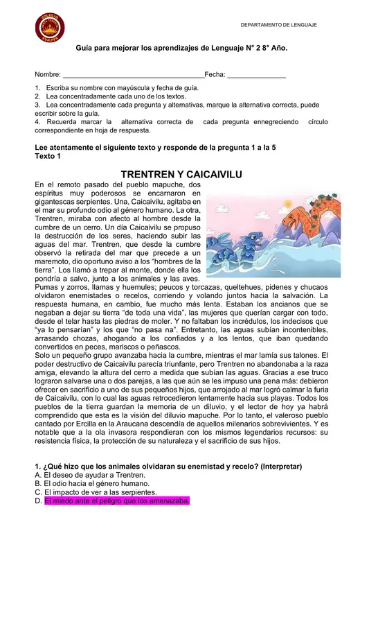 Guía de comprensión de lectura octavo básico