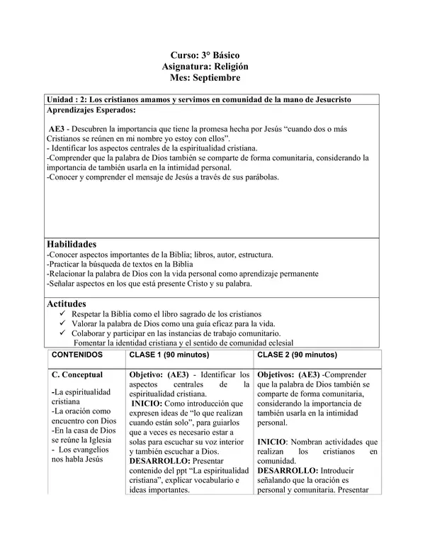 Planificación Clase a Clase: Septiembre | Religión Tercero Básico