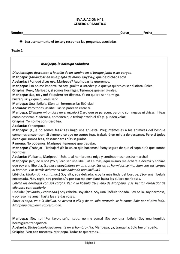 Prueba Genero Dramatico, quinto Basico, lenguaje con Solucion