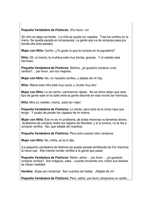 Guia de Obra Dramatica La Pequeña Vendedora de Fosforos para Lenguaje 1 Basico