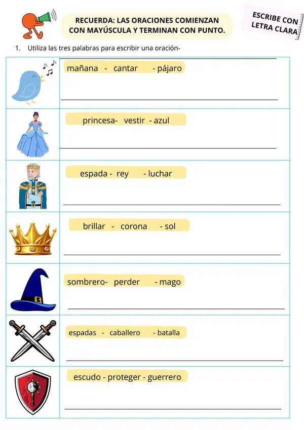 Ficha de Lenguaje: Escribir Oraciones - Mayúscula y Punto Final