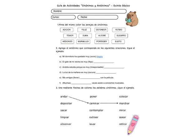 Guía de sinónimos y antónimos 5to básico