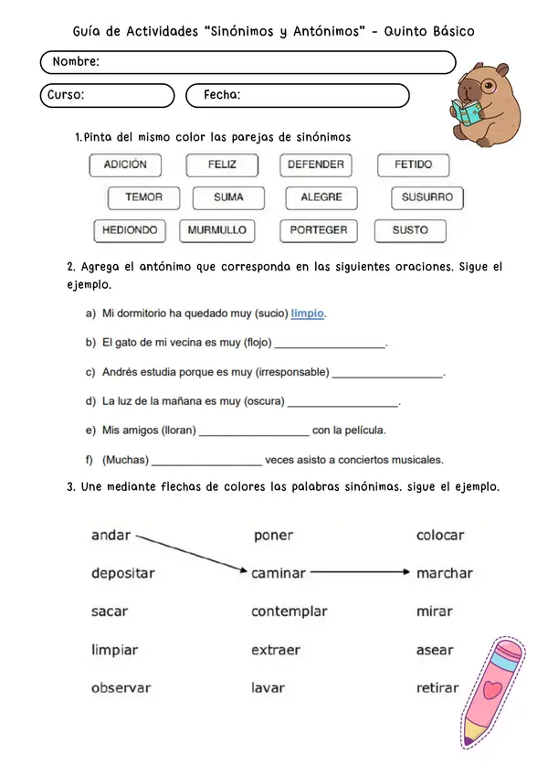 Guía de sinónimos y antónimos 5to básico