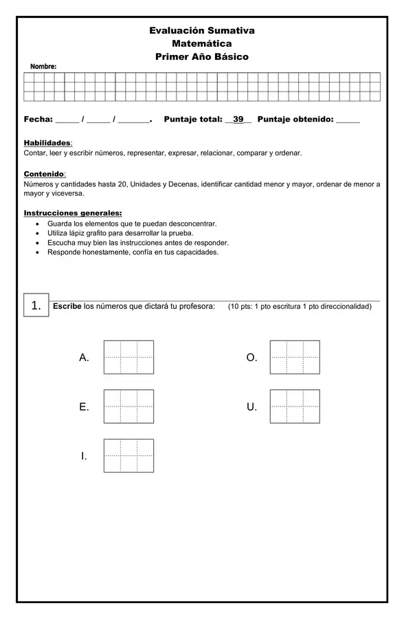 Evaluación Números hasta 20, 1° básico