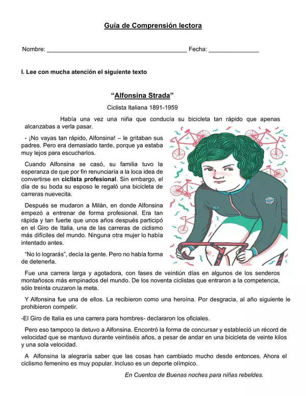 Guía de comprensión 8 de marzo "Alfonsina Strada" día de la mujer.