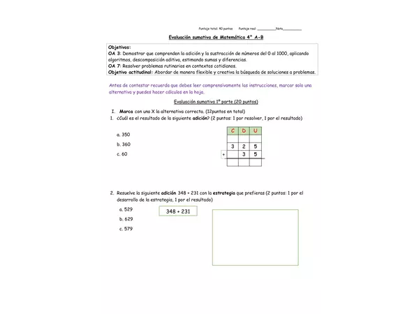 Evaluación matemática 4° básico 
