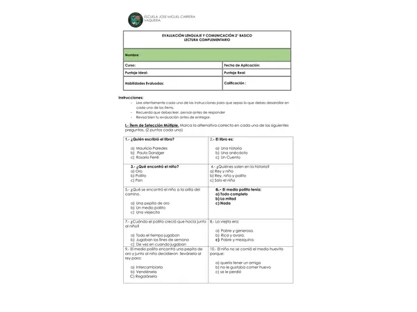 Prueba del texto medio pollito adaptada 