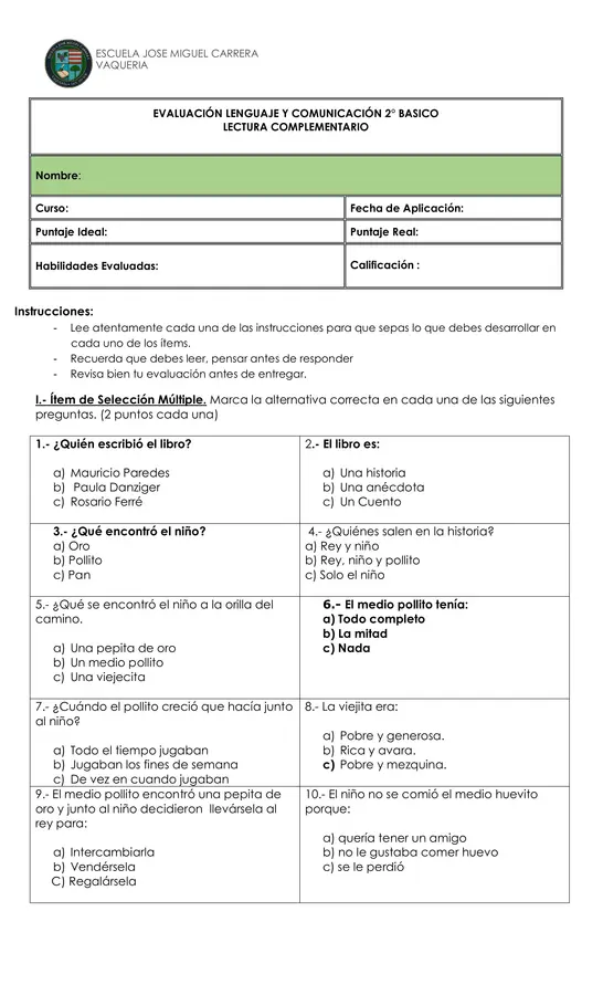 Prueba del texto medio pollito adaptada 