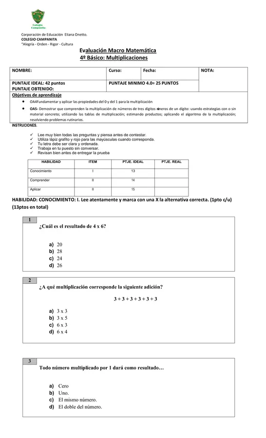 Evaluaciòn Cuartobàsico 