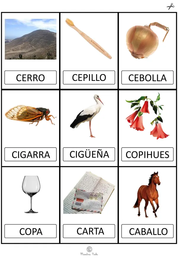 Tarjetas de elementos con inicial A-Z. Imprenta-mayúscula.