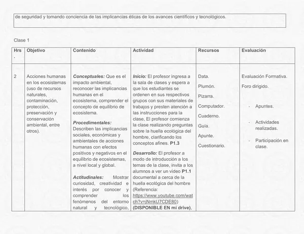 Planificación Clase a Clase Noviembre - Ciencias Naturales - Biología - 1° Medio