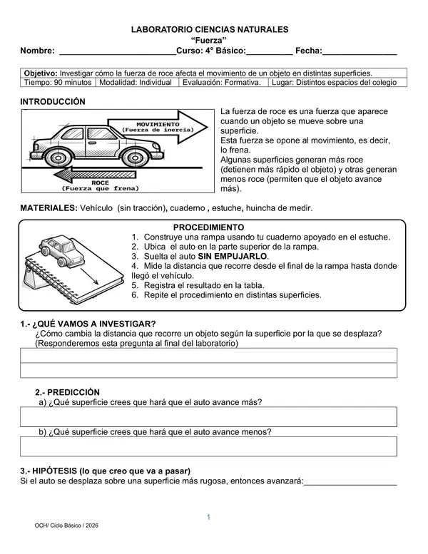 Laboratorio 4° Básico: Fuerza de Roce | Experimento y Guía Científica