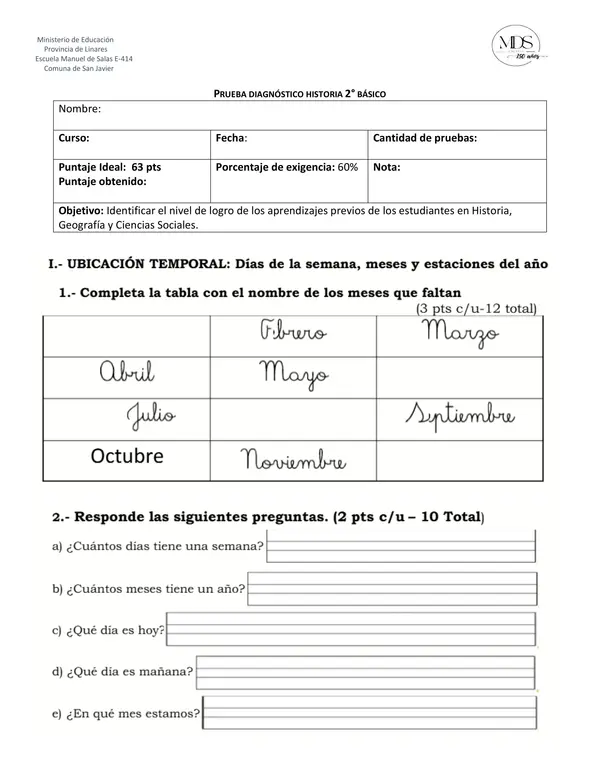 Prueba diagnóstico Historia 2° básico