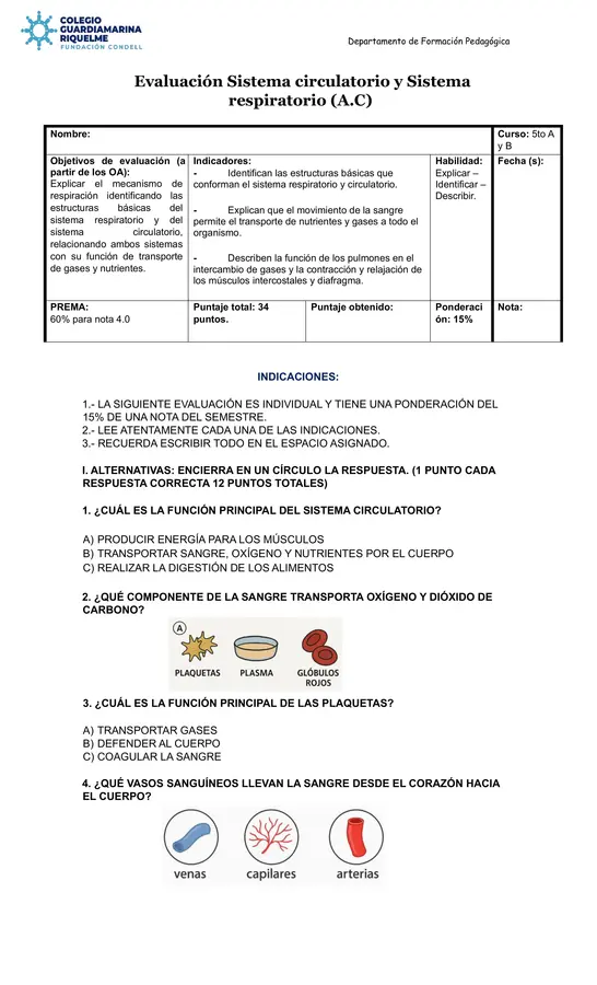 Evaluación Sistema circulatorio y Sistema respiratorio (A.C)