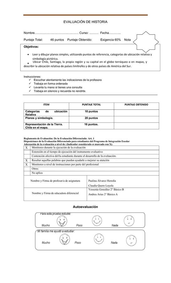Evaluación Historia 2°: mapas, chile, categorías de ubicación relativa