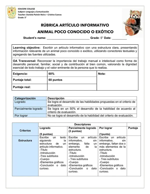 Rúbrica artículo informativo de un animal exótico 