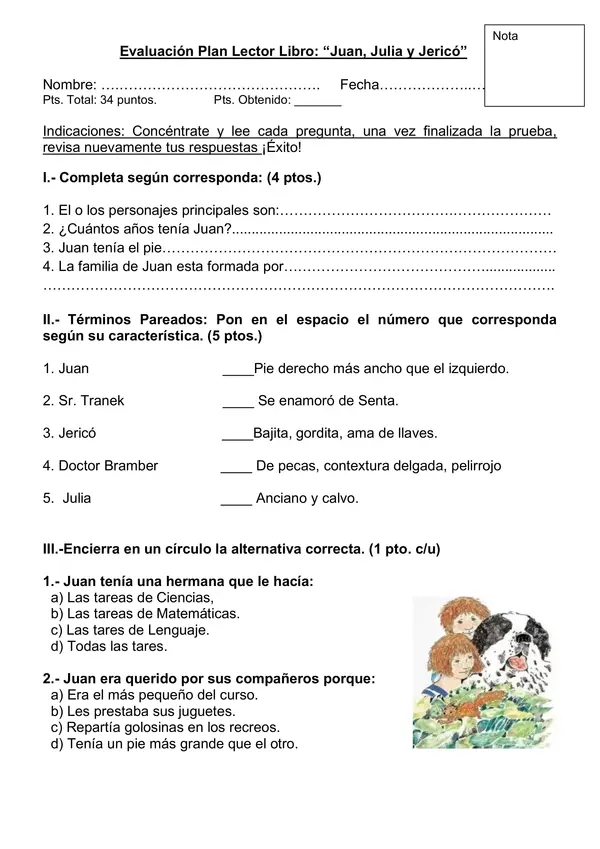 Evaluación libro "Juan, Julia y Jericó"