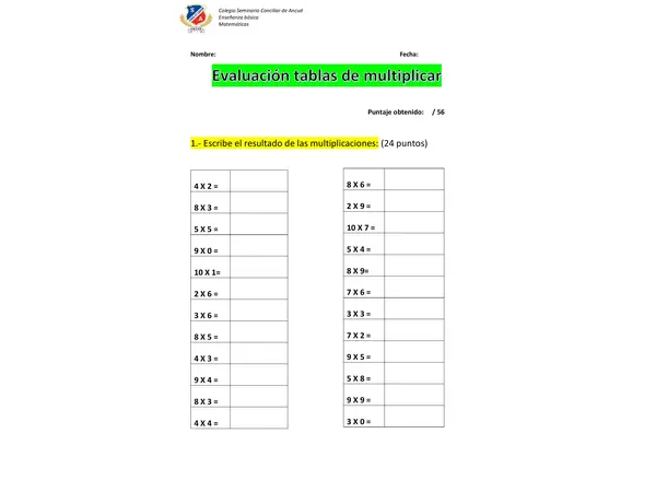 Evaluación tablas de multiplicar