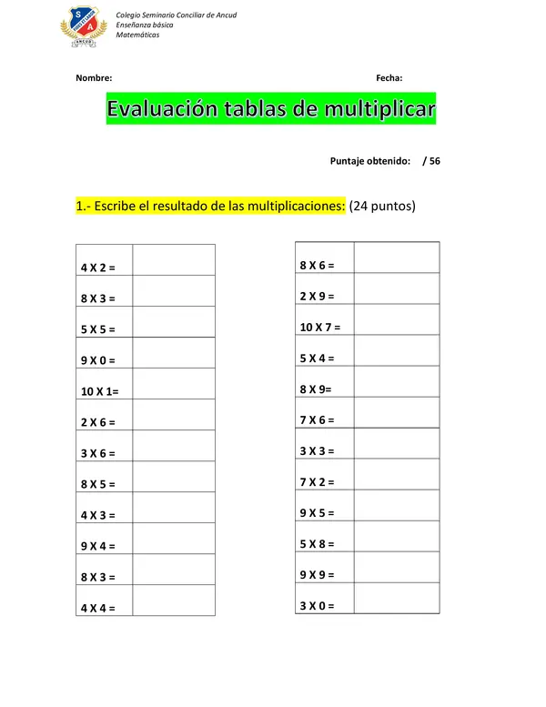 Evaluación tablas de multiplicar