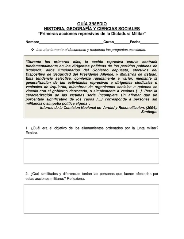 ED. CIUDADANA, TERCERO MEDIO, UNIDAD 3, GUIA PRIMERAS ACCIONES JUNTA MILITAR