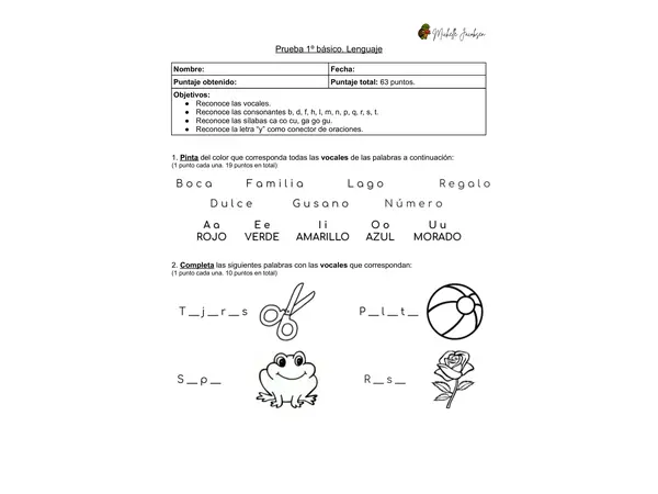 Prueba diagnóstica de Lenguaje, 1ero básico