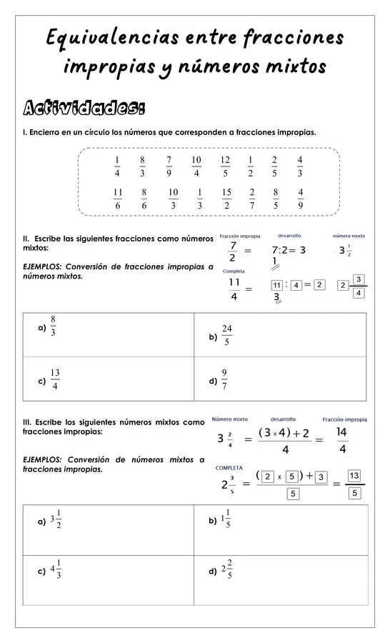 Guía de trabajo - Equivalencias entre fracciones impropias y números mixtos