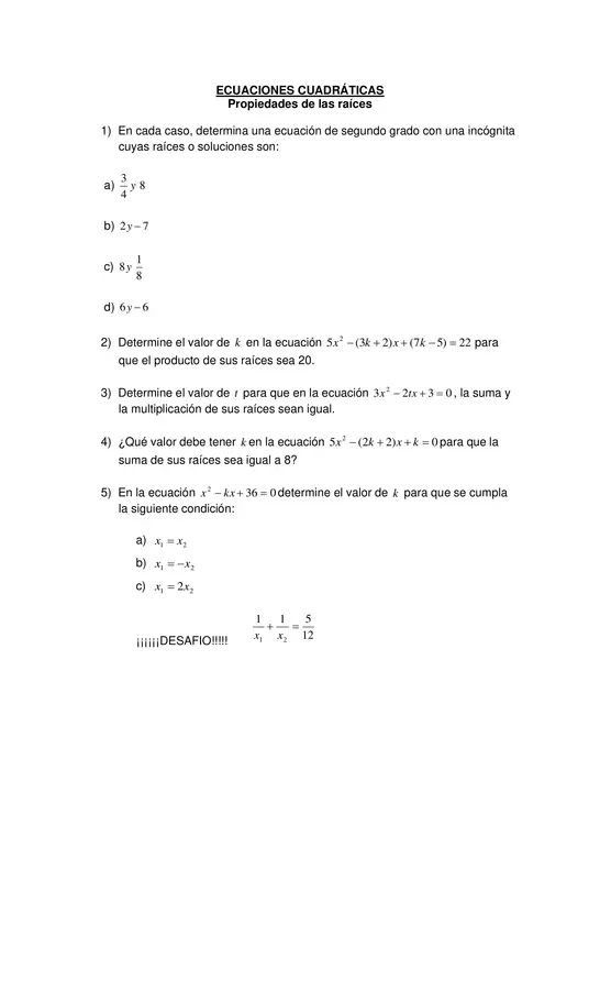 GUIA Ecuacion_cuadratica_Propiedades_de_las_raices, Tercero Medio,  matematicas 