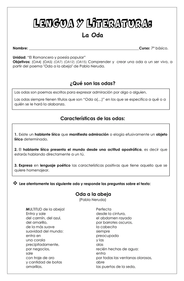 Guía de trabajo - La Oda - 7° básico (Lengua y literatura)