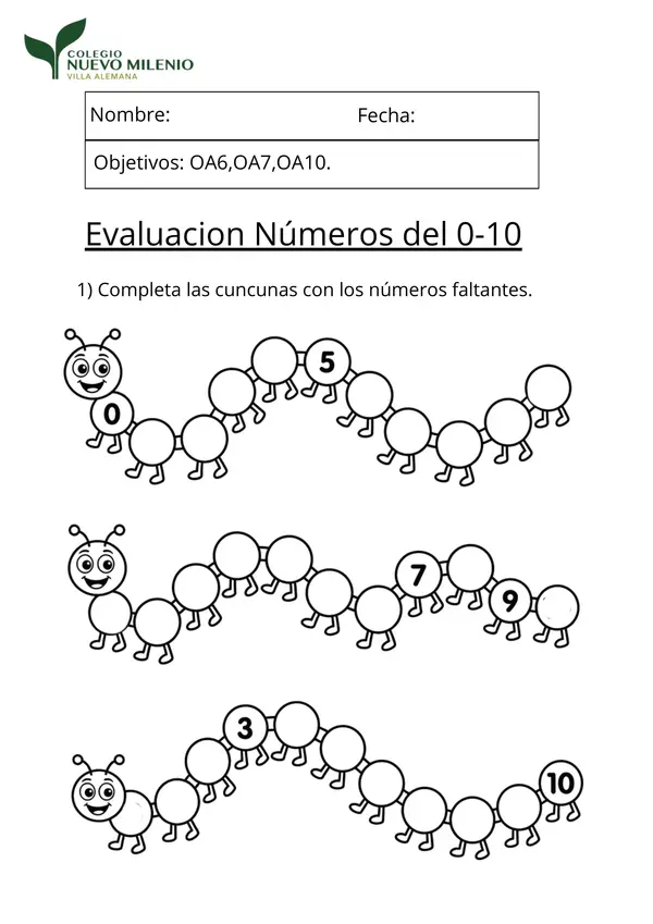 Evaluación de Pensamiento Matemático: Números del 0 al 10 (NT2)