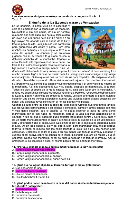 Guía de comprensión de lectura octavo básico