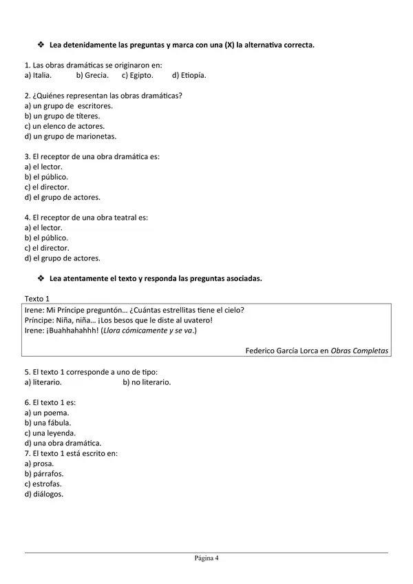 Prueba Genero Dramatico Quinto Basico Lenguaje Con Solucion Profe Social