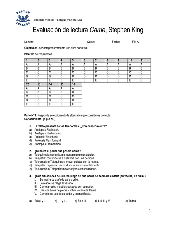 Evaluación "Carrie" Stephen King.