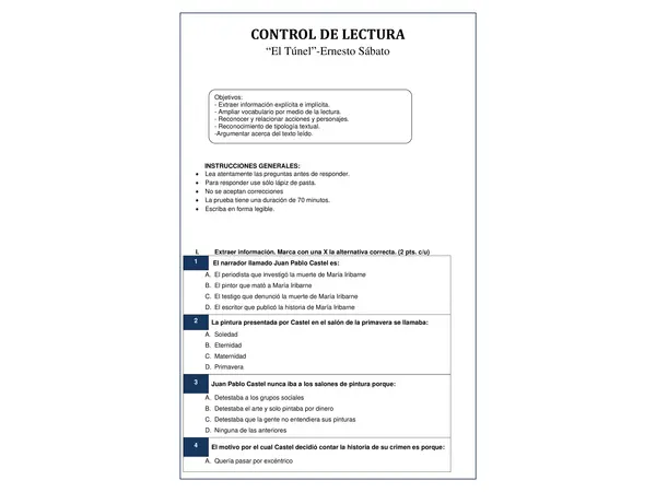 Prueba de lectura "El túnel" - Ernesto Sábato 